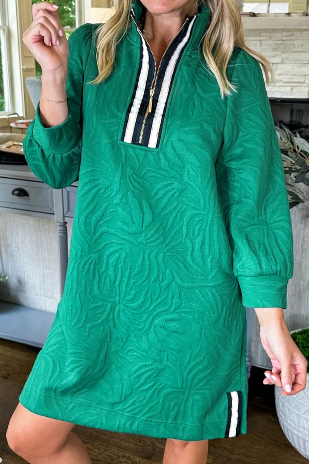 Lilian | Textured quarter zip long sleeve mini dress