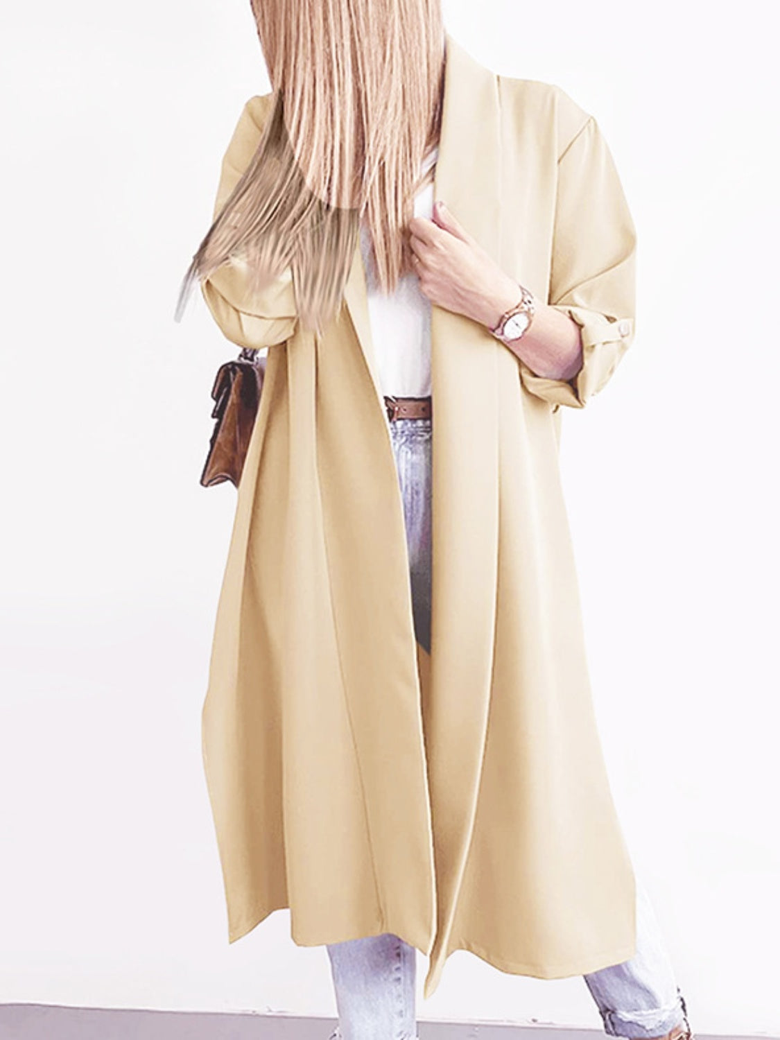 Marianna | Slit trench coat with roll tab sleeves open at the front