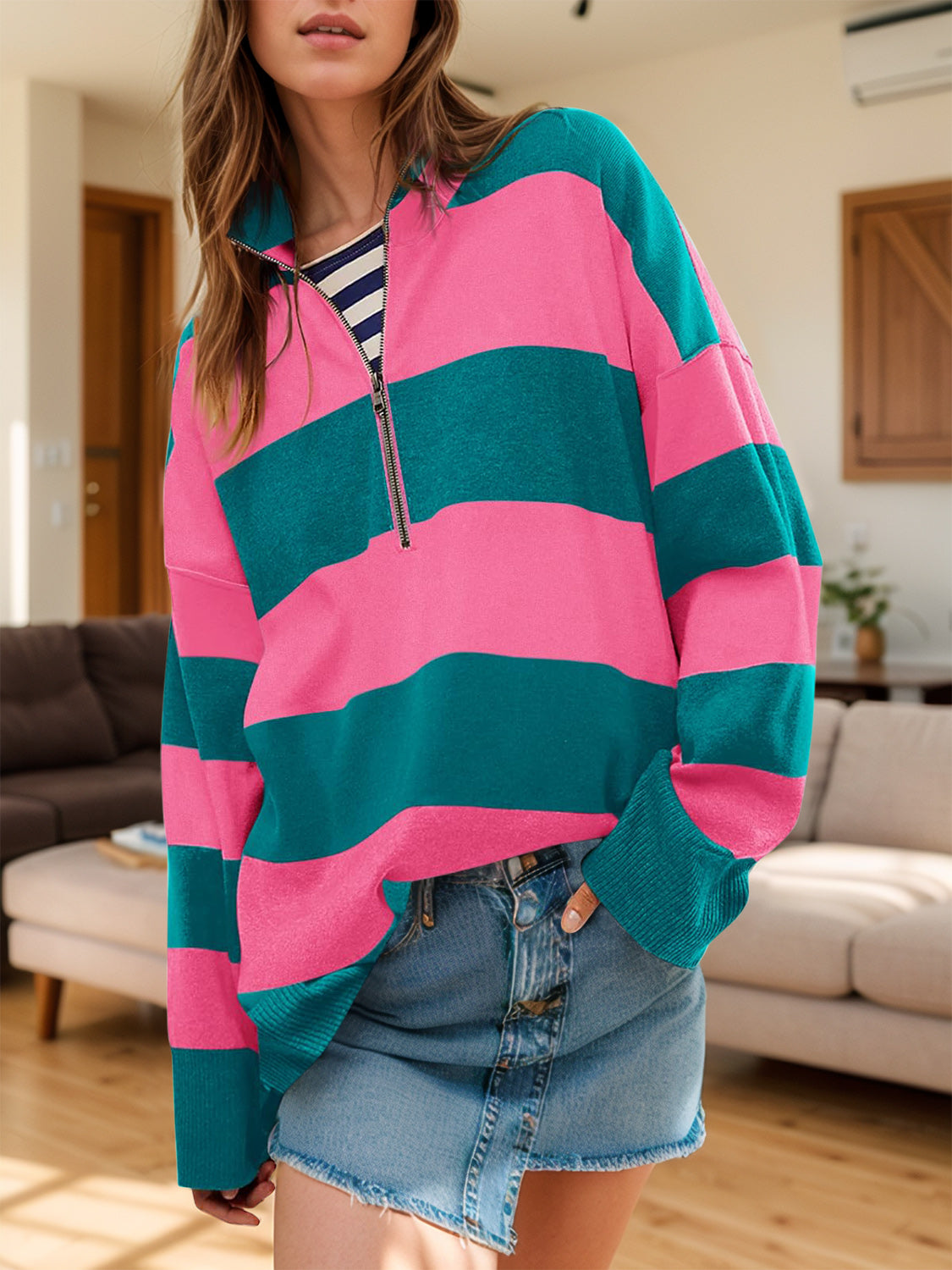 Lidia | Color block half zip sweater with long sleeves
