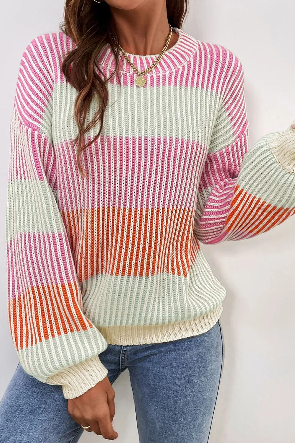 Anke | Striped long sleeve crew neck sweater with color block design