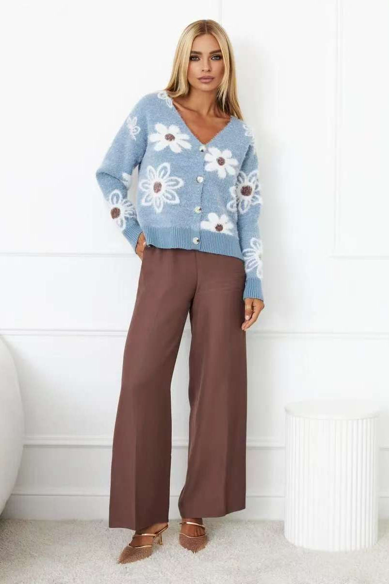 Floral V-Neck Knit Long Sleeves Cardigan