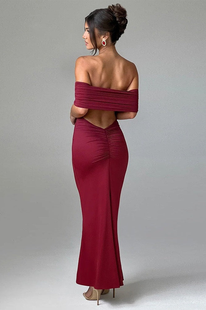 Solid Off Shoulder Ruched Formal Dress