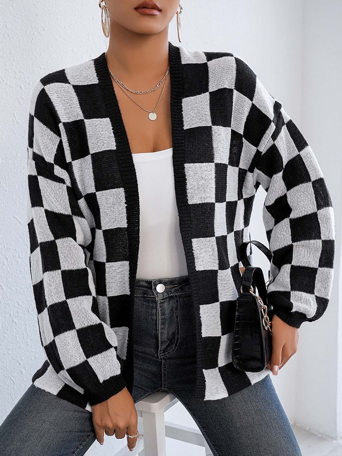 Carolina | Checked open front long sleeve cardigan