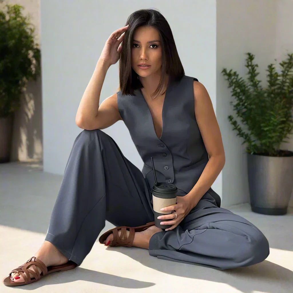 Brunella® | Elegant women's pantsuit set with V-neck and wide leg