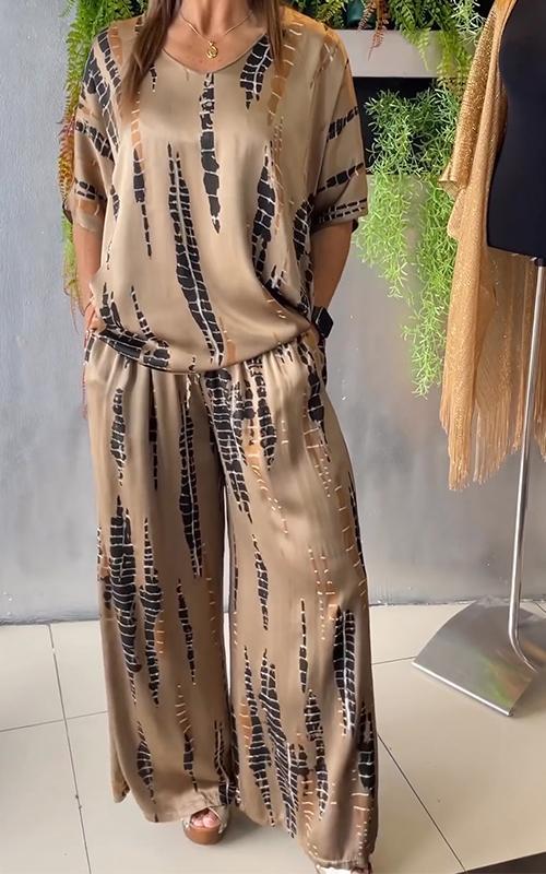 María Fernanda® | Elegant ladies satin suit set round neck