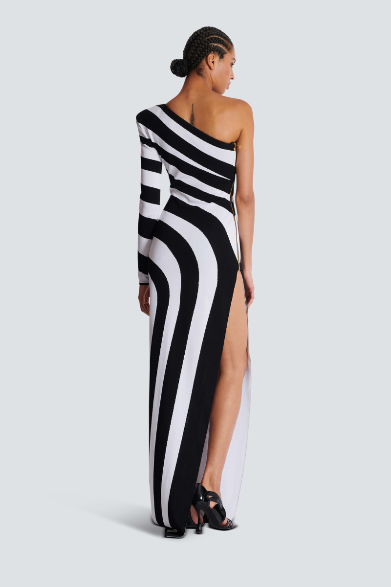 Alicia® | One-Shoulder Slit, Asymmetric Striped Maxi Dress