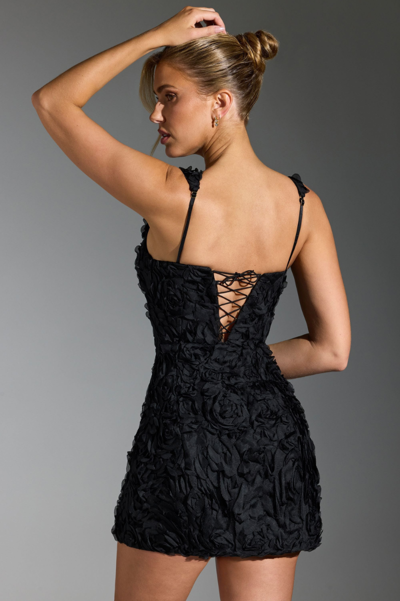 Marta® | Floral Lace-Up Square Neck Mini Dress In Black