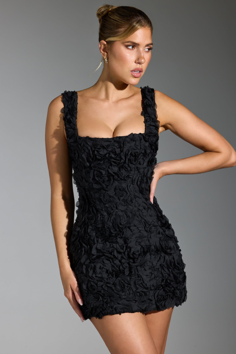 Marta® | Floral Lace-Up Square Neck Mini Dress In Black