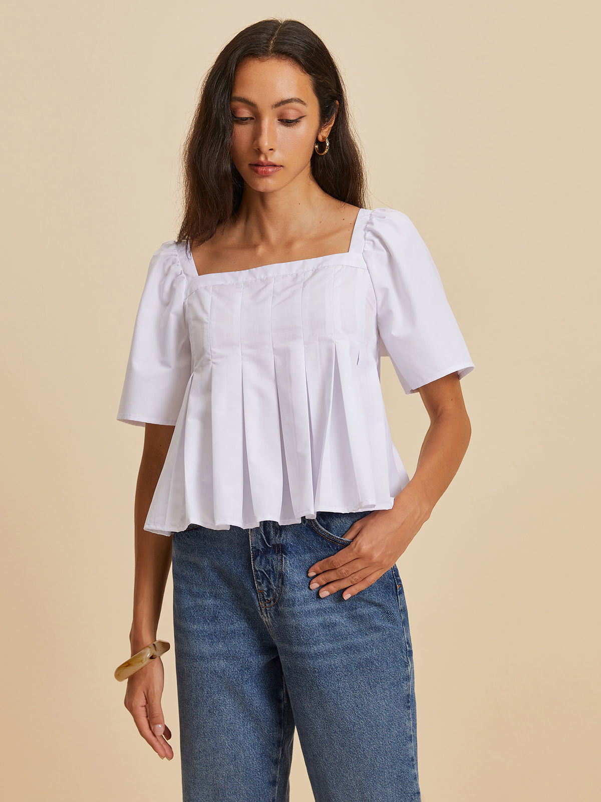 Ananda® | Pleated Blouse With A Round Neckline