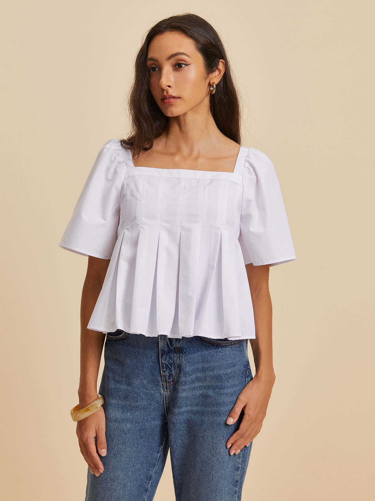 Ananda® | Pleated Blouse With A Round Neckline