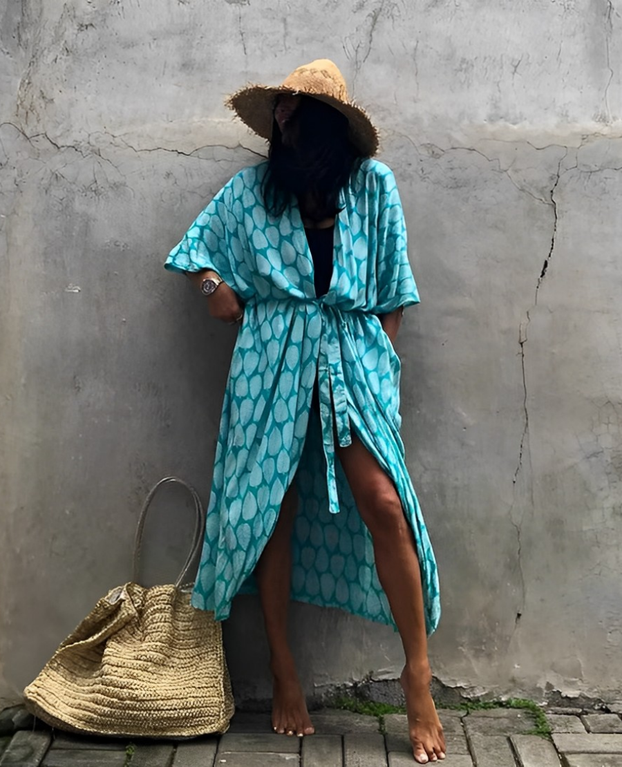 Marina® | Retro Kimono Long Patterned Beach Kimono With Belt For Women
