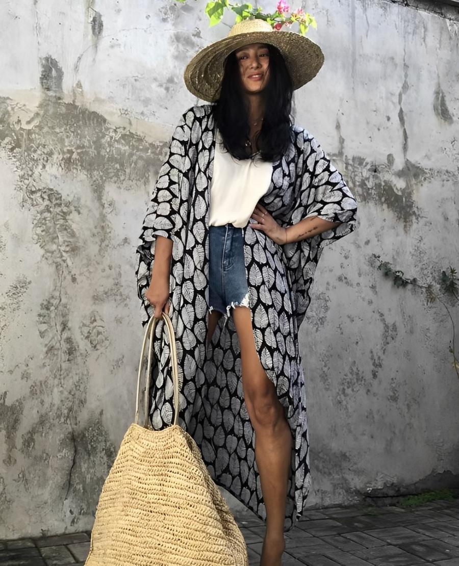 Marina® | Retro Kimono Long Patterned Beach Kimono With Belt For Women
