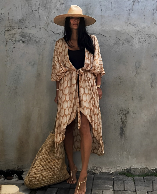 Marina® | Retro Kimono Long Patterned Beach Kimono With Belt For Women