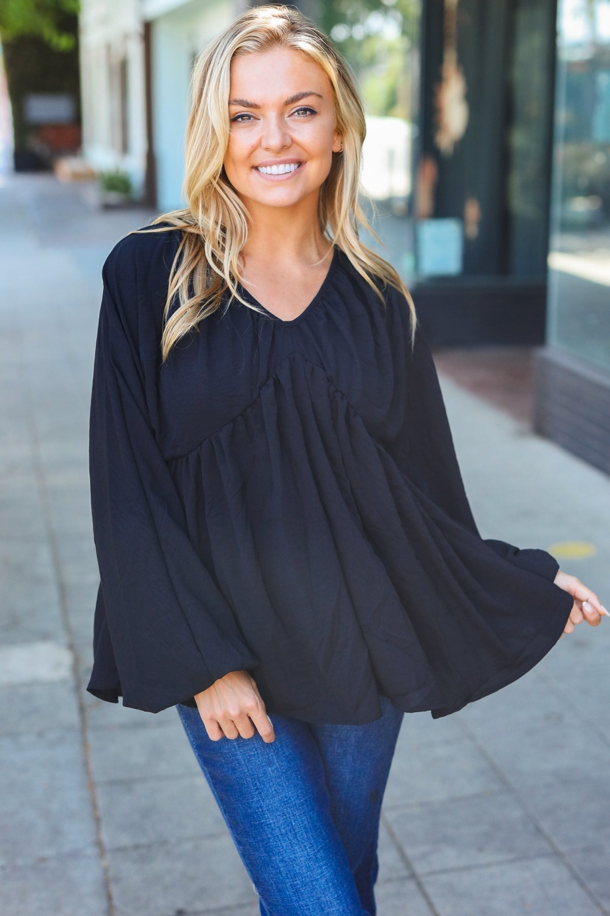 Alessa | Black plain woven V-neck babydoll top