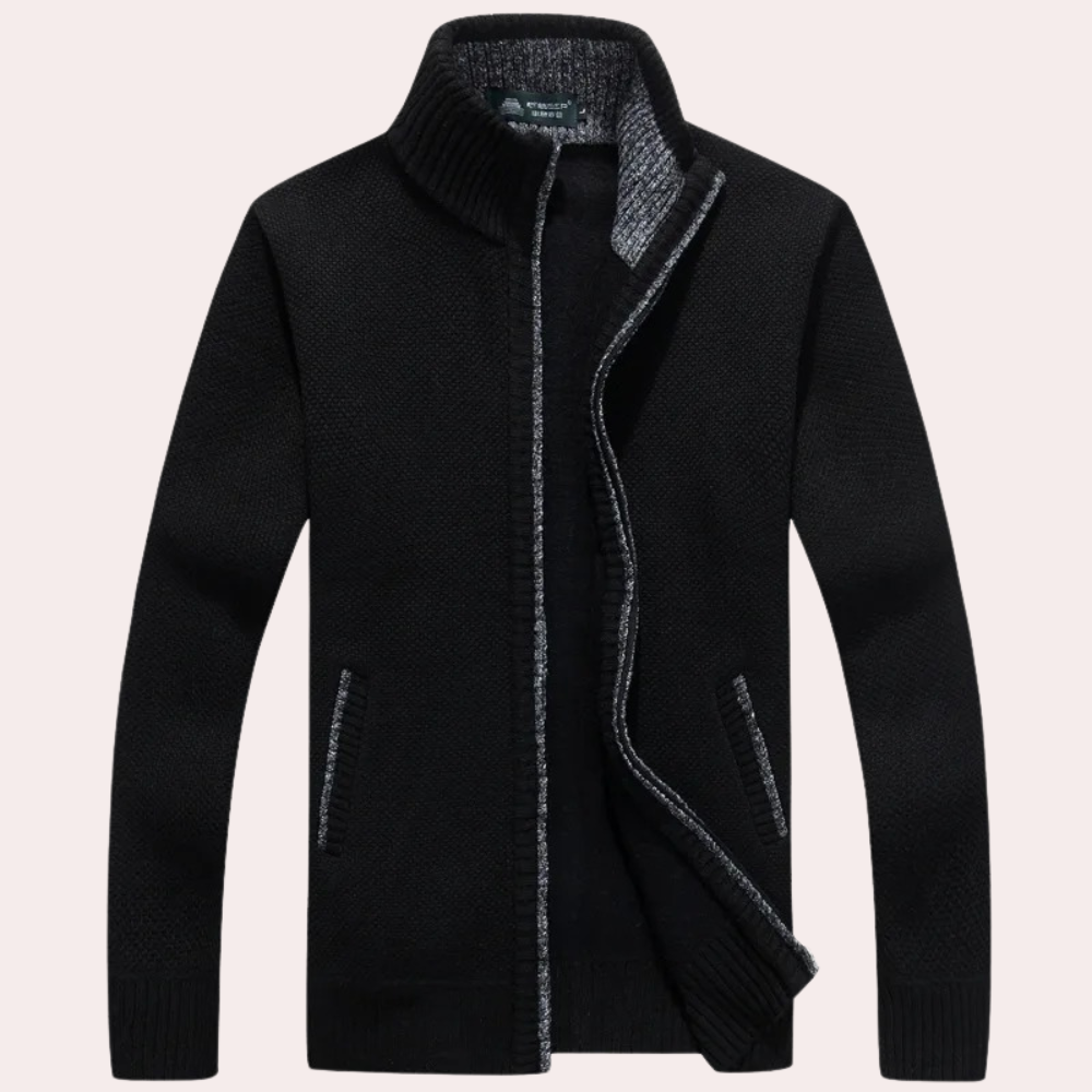 Men's Knitted Zip-Up Cardigan with Plaid Lining and Mock Neck