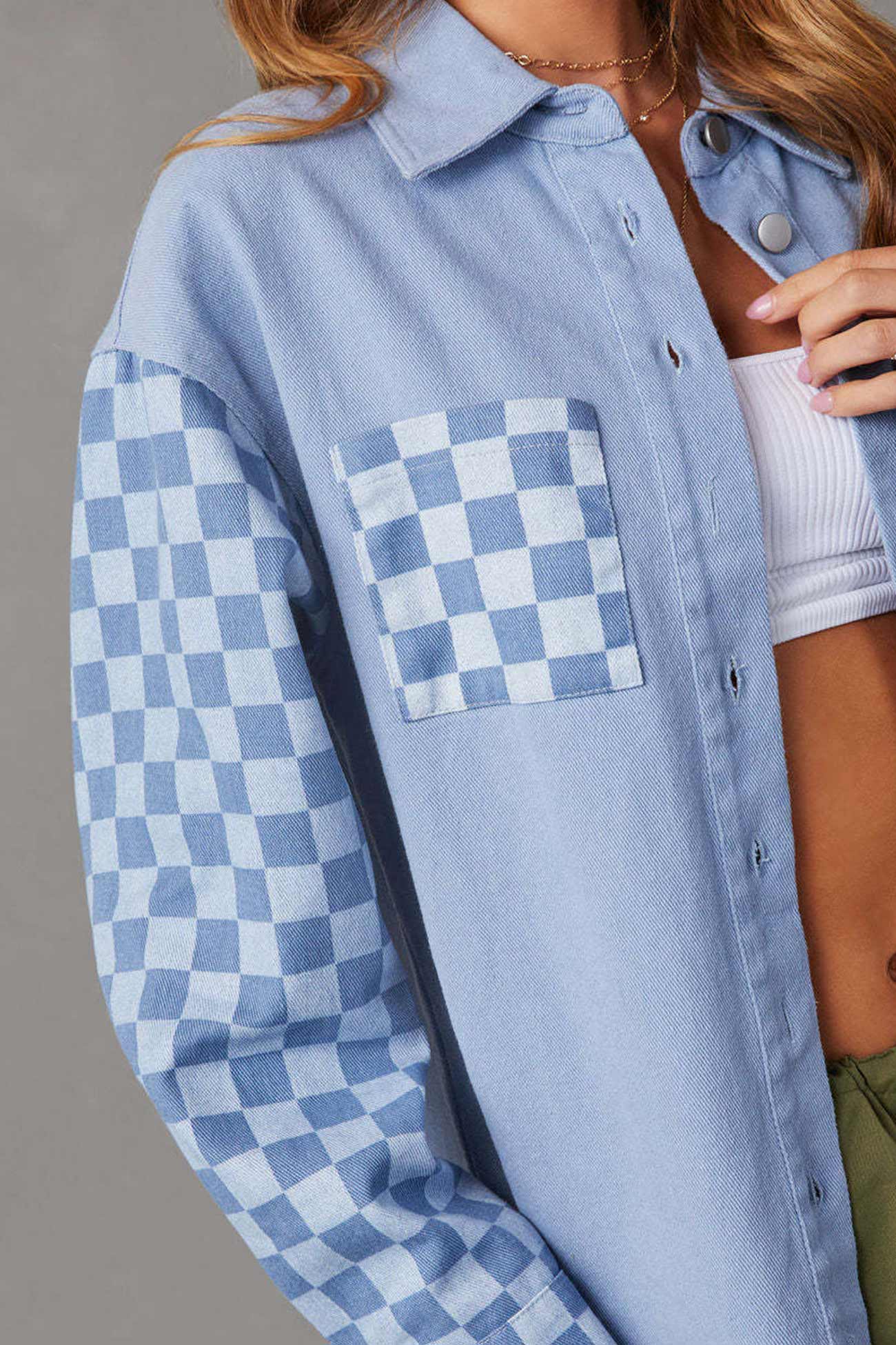 Melina | Used-look denim jacket with checkerboard patchwork