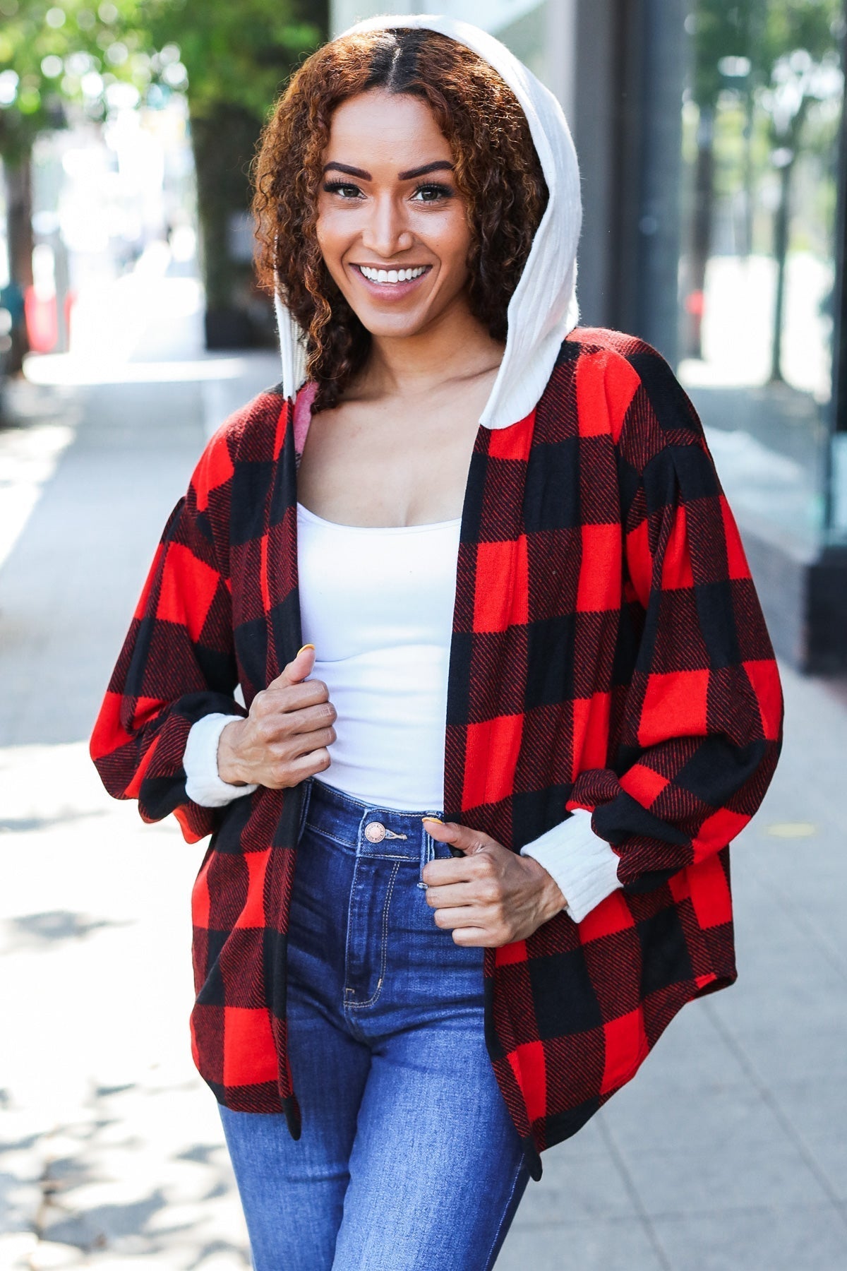 Sonia | Red buffalo check ribbed hoodie from Stepping Out