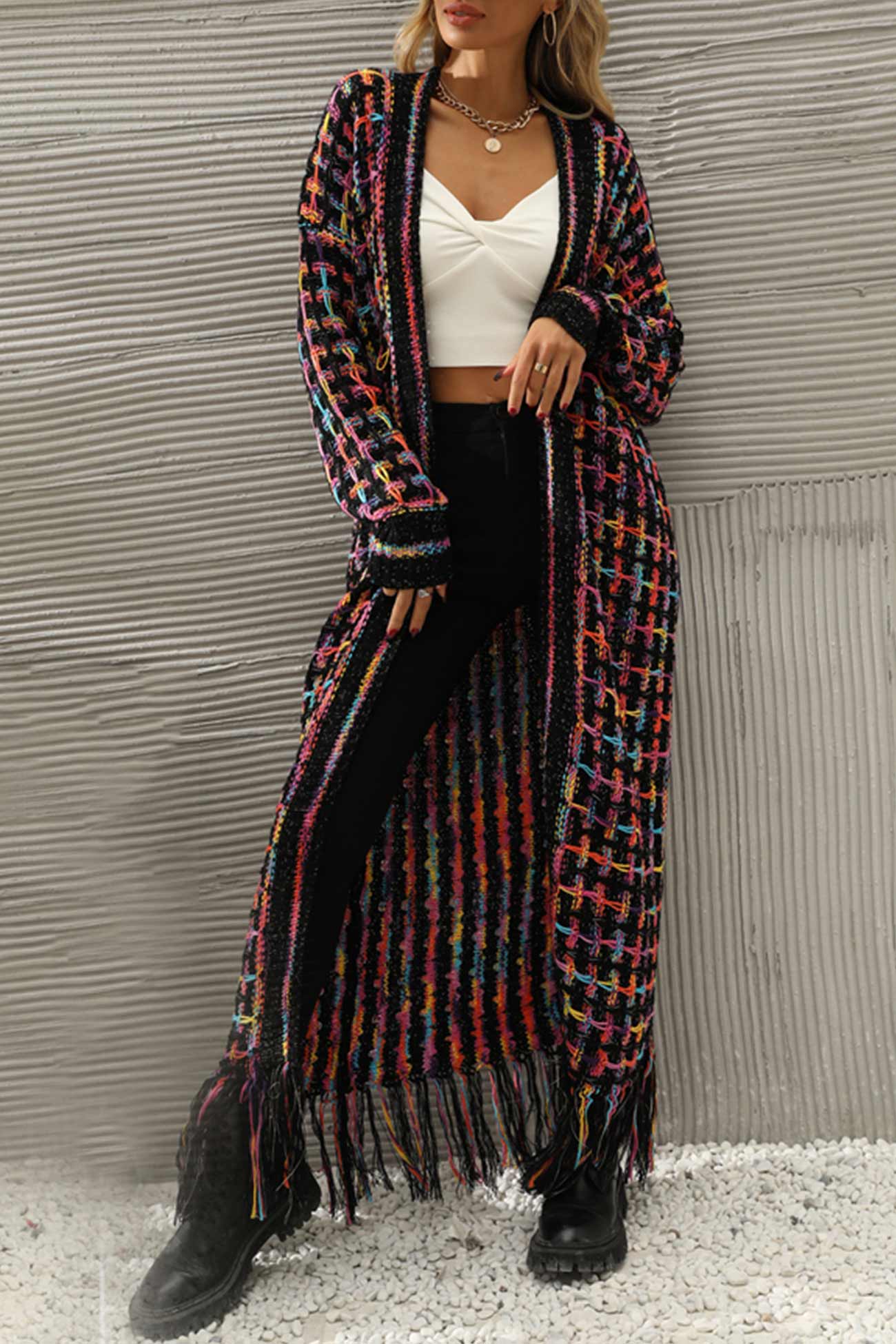 Adriana | Long cardigan with contrast fringed hem and open front