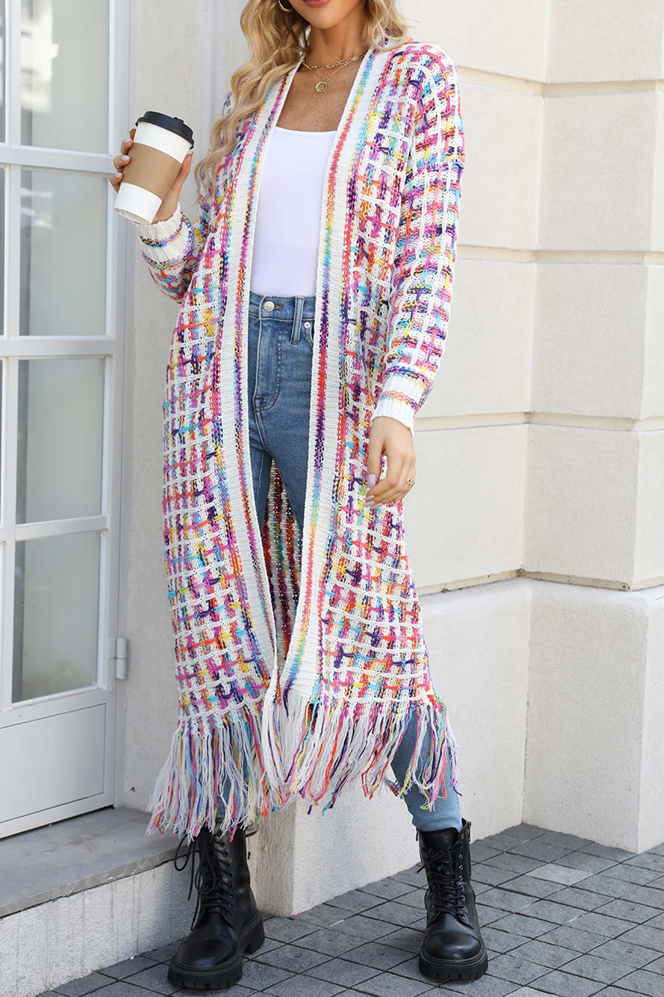 Adriana | Long cardigan with contrast fringed hem and open front