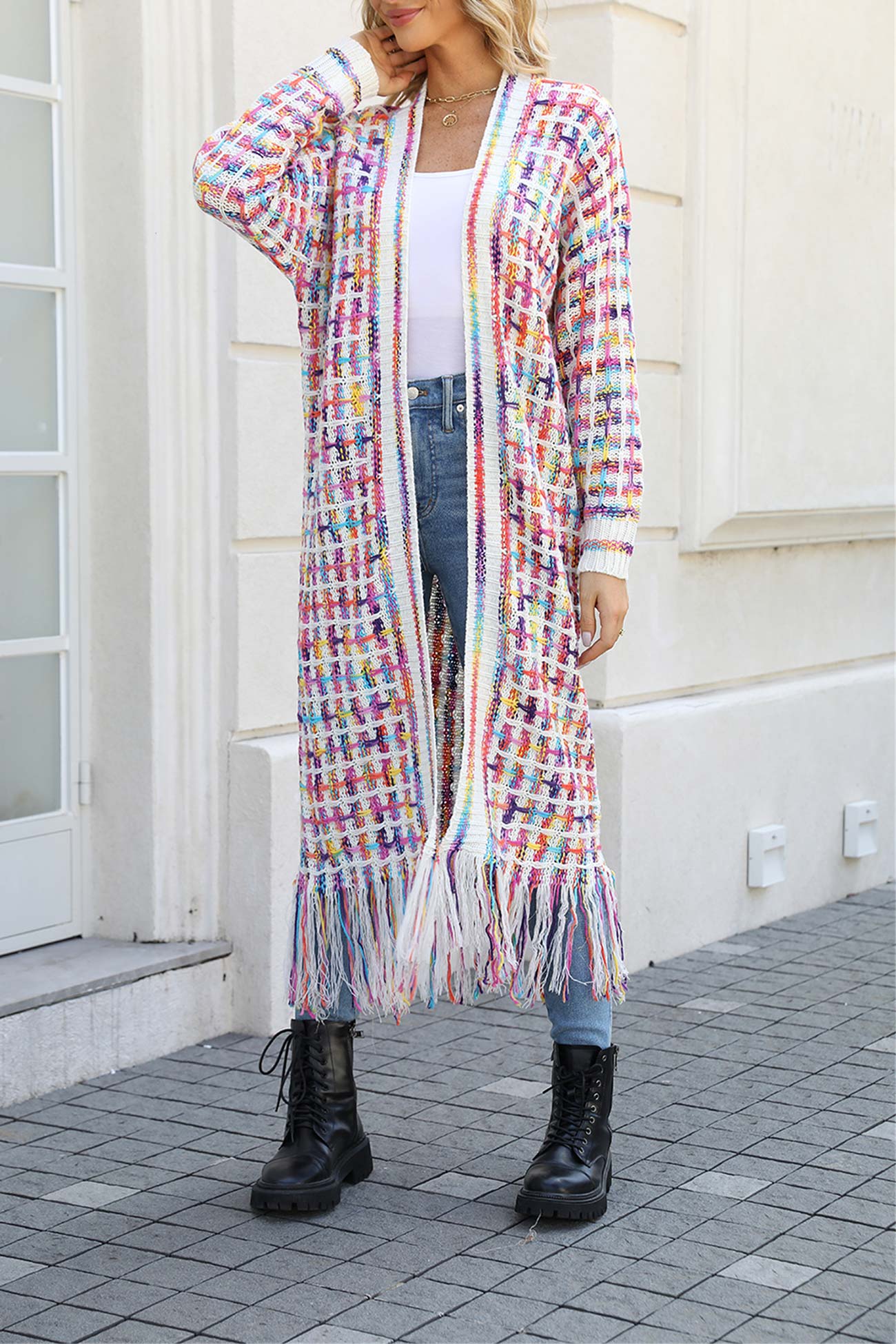 Adriana | Long cardigan with contrast fringed hem and open front