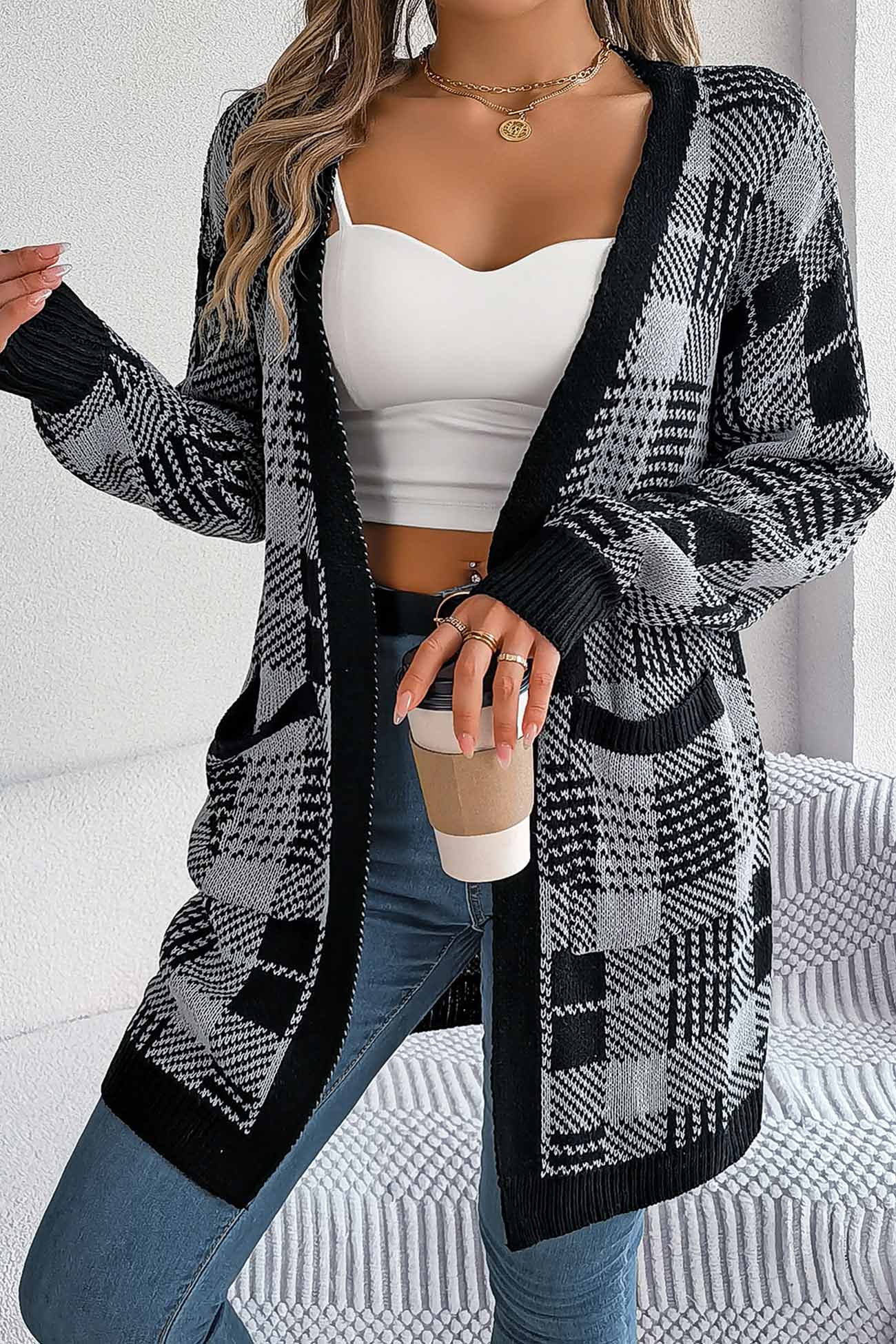 Lilli | Contrast checked cardigan with open front