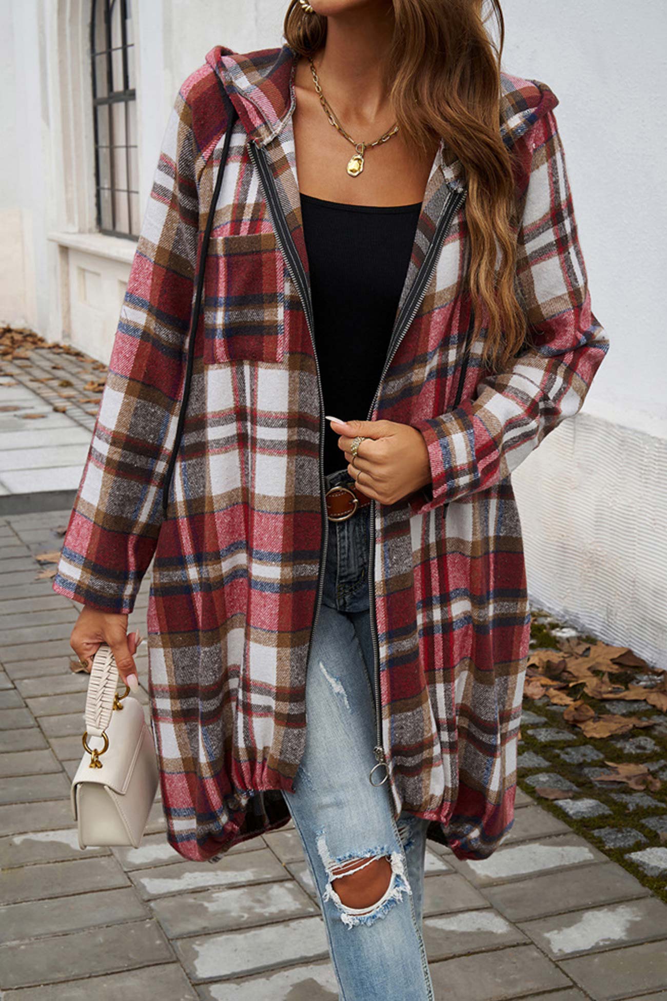 Carmen | Mid-length hoodie with contrast check pattern and zip fastening