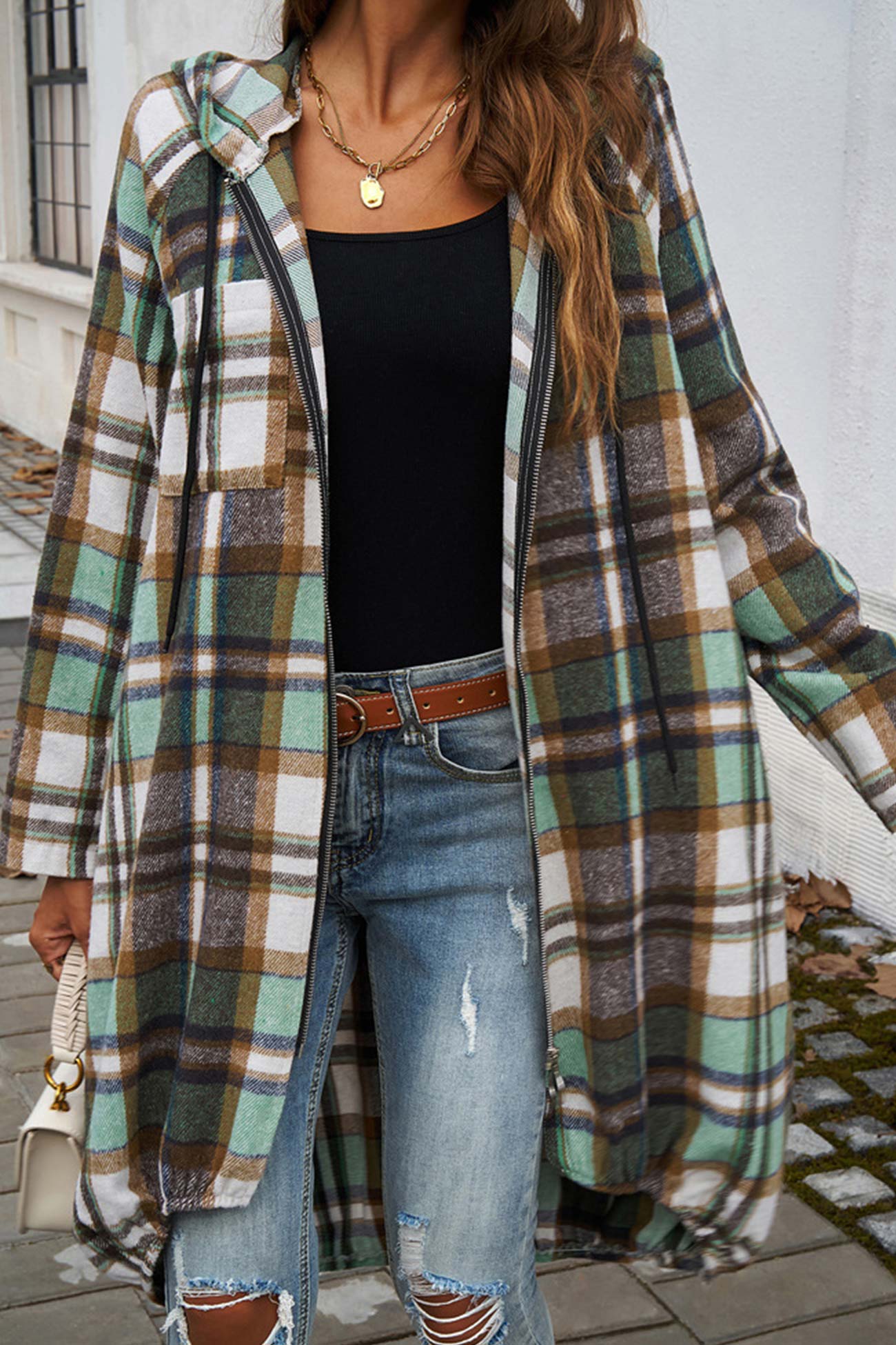 Carmen | Mid-length hoodie with contrast check pattern and zip fastening