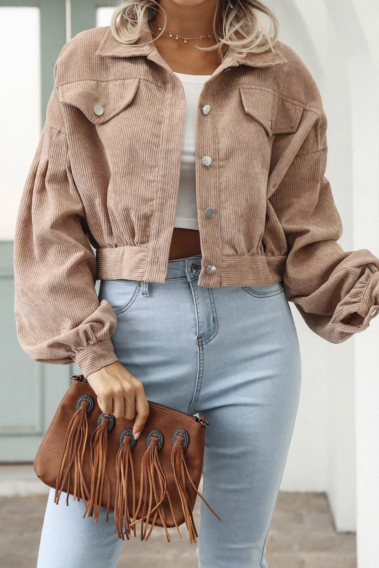 Mia | Single-breasted, short corduroy jacket