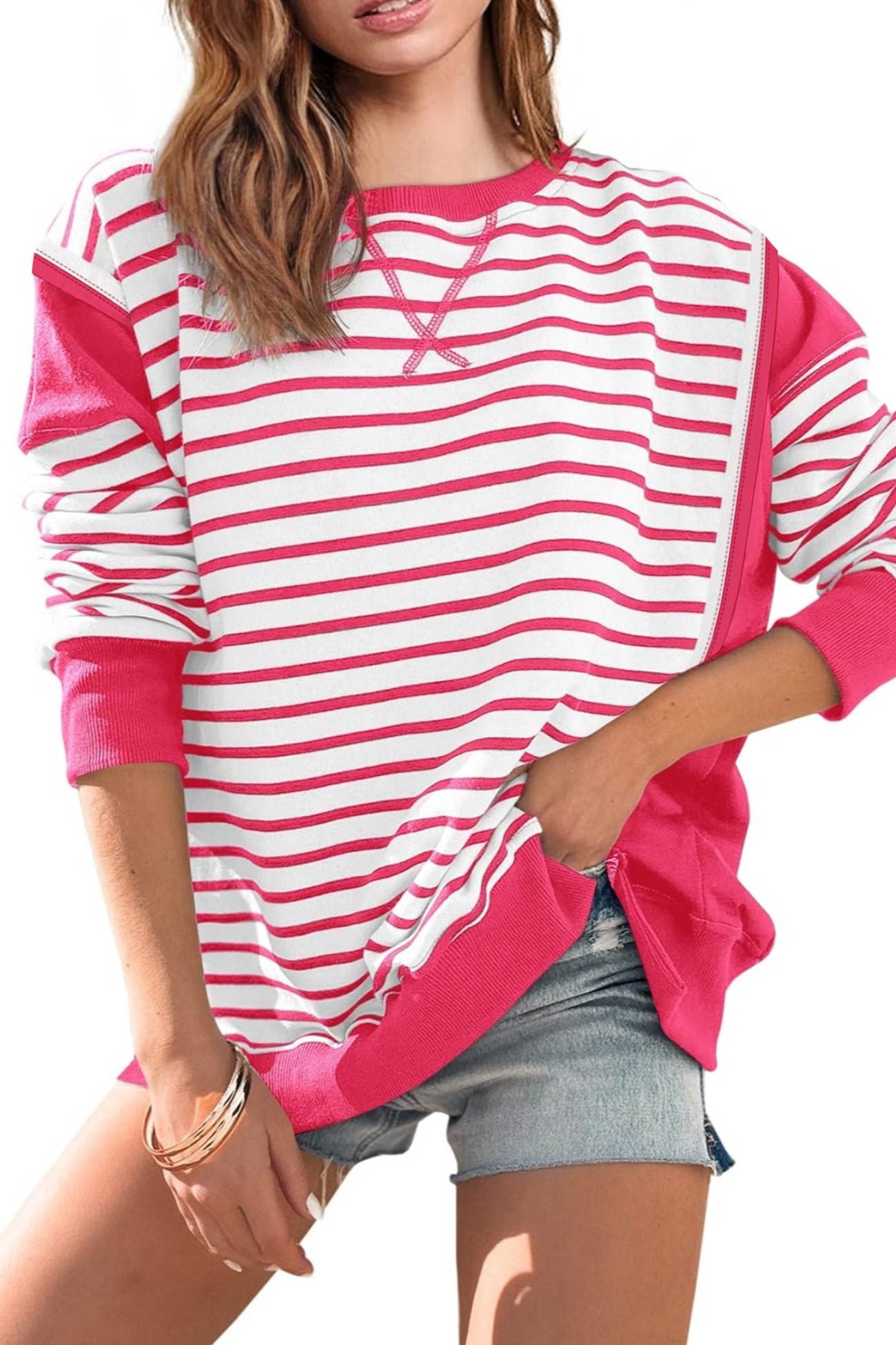 Lilian | Striped patchwork crew neck sweatshirt