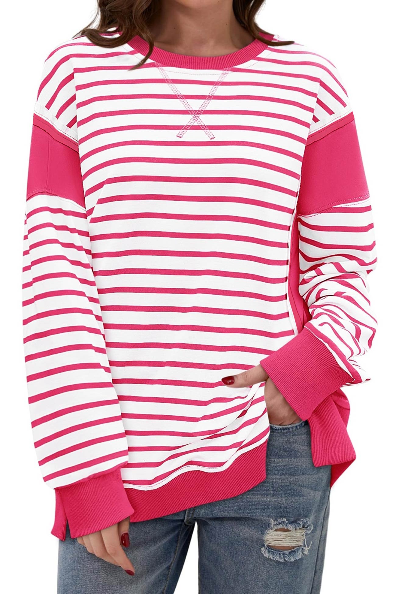 Lilian | Striped patchwork crew neck sweatshirt