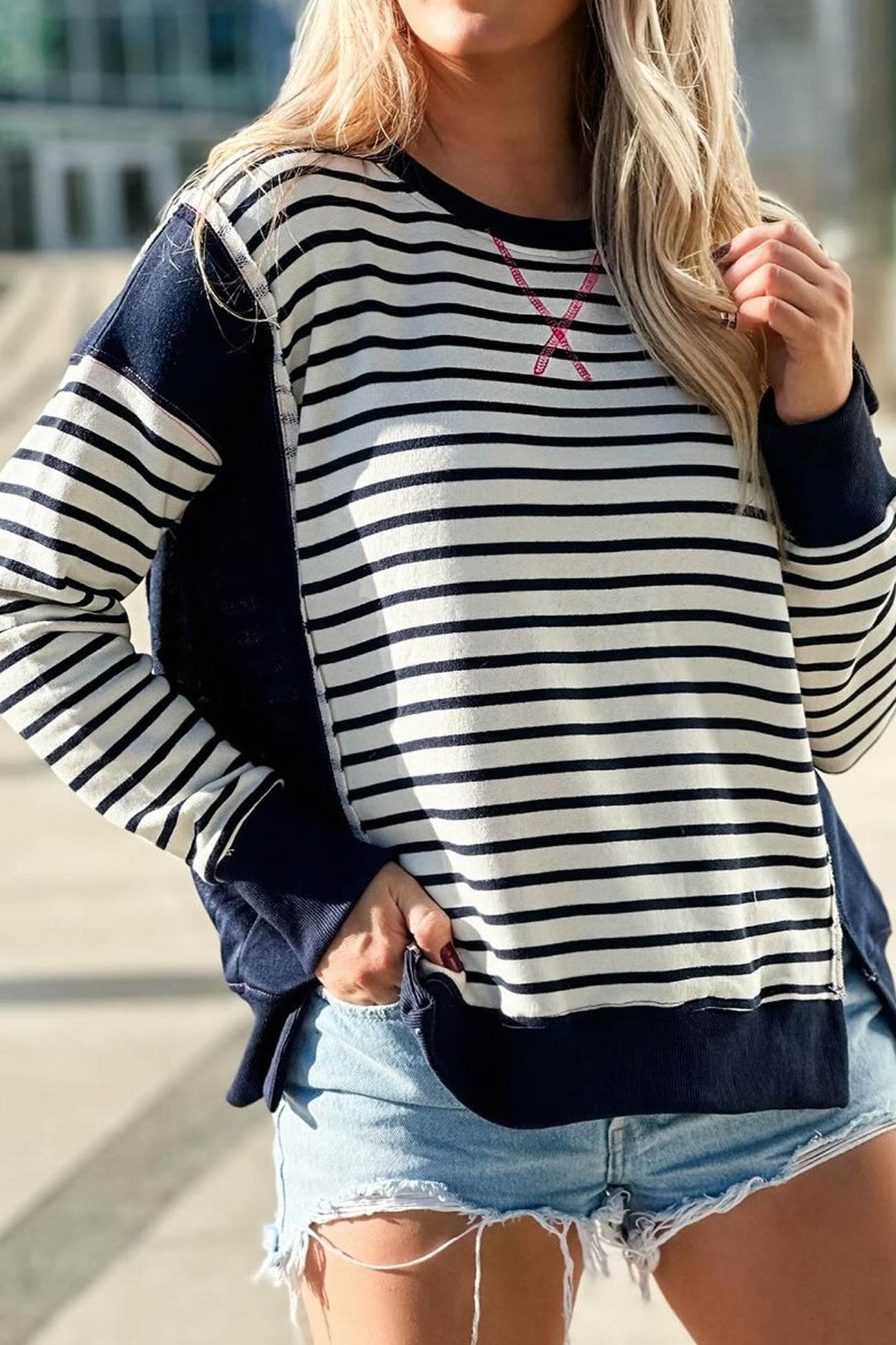 Lilian | Striped patchwork crew neck sweatshirt