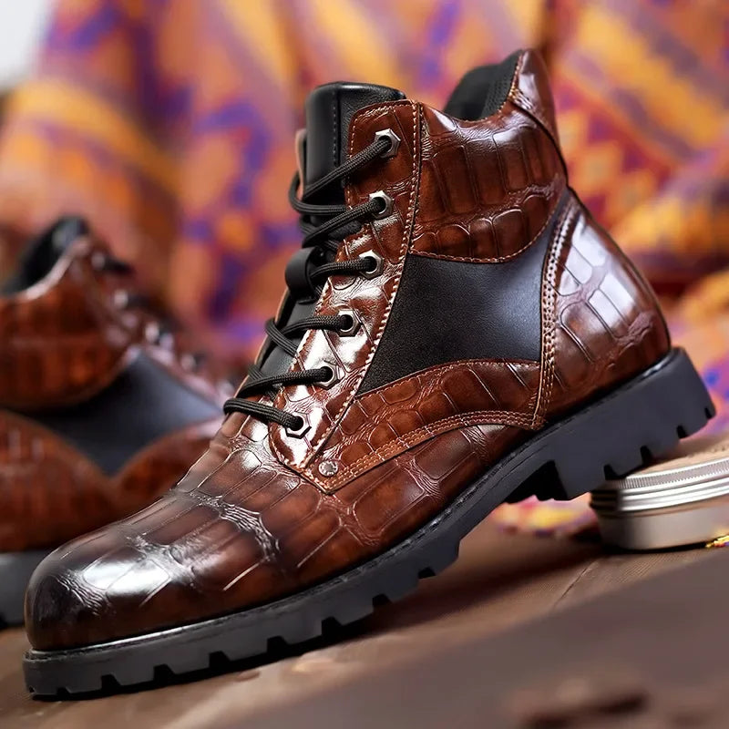 Jamison | Men's Combat Alligator Embossed Ankle Boots