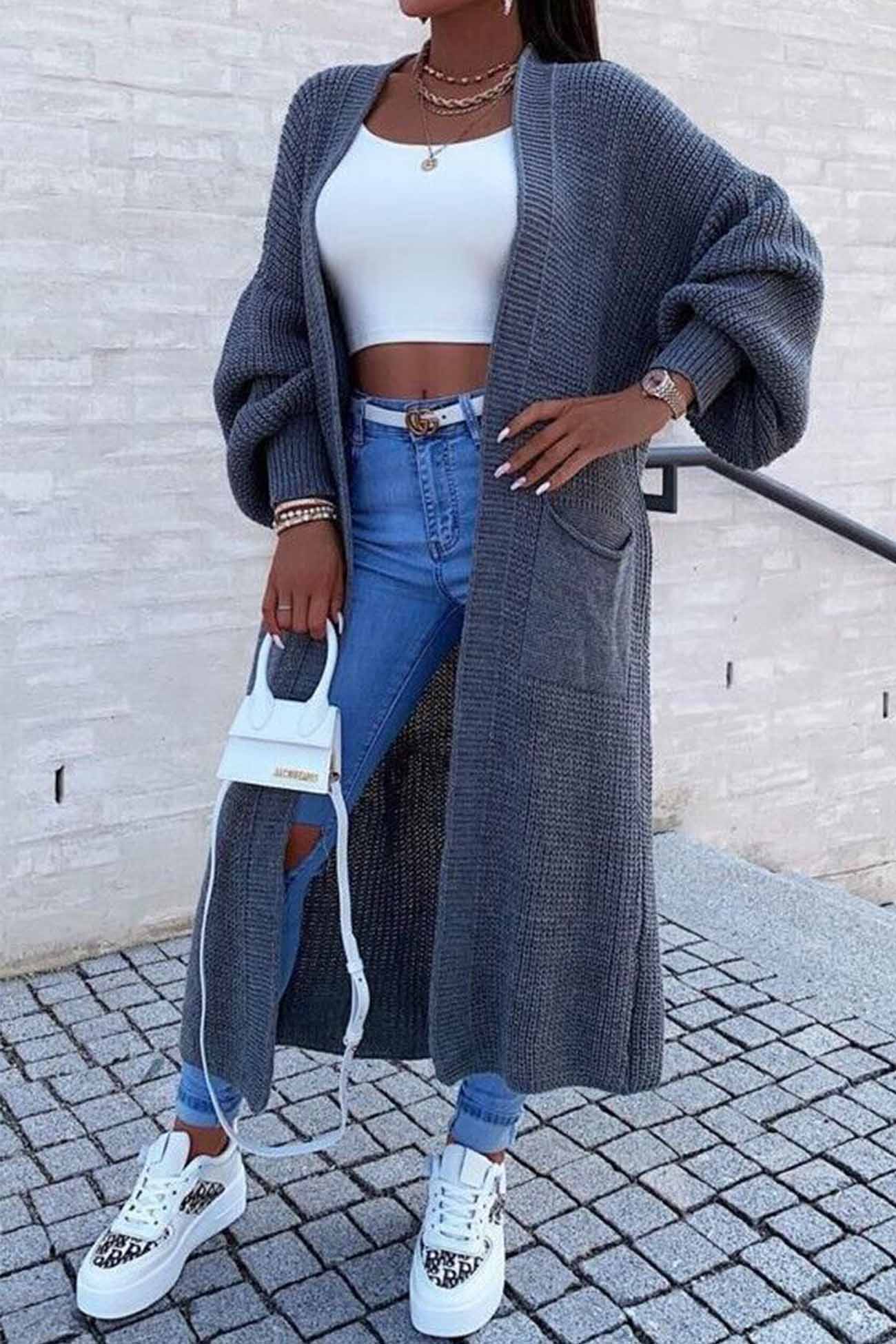 Hilda | Long cardigan with dropped shoulders, lantern sleeves and pockets