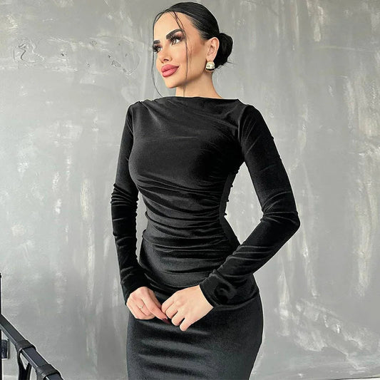 Velvet Long Sleeve Midi Dress - Elegant Party Clothes for Party