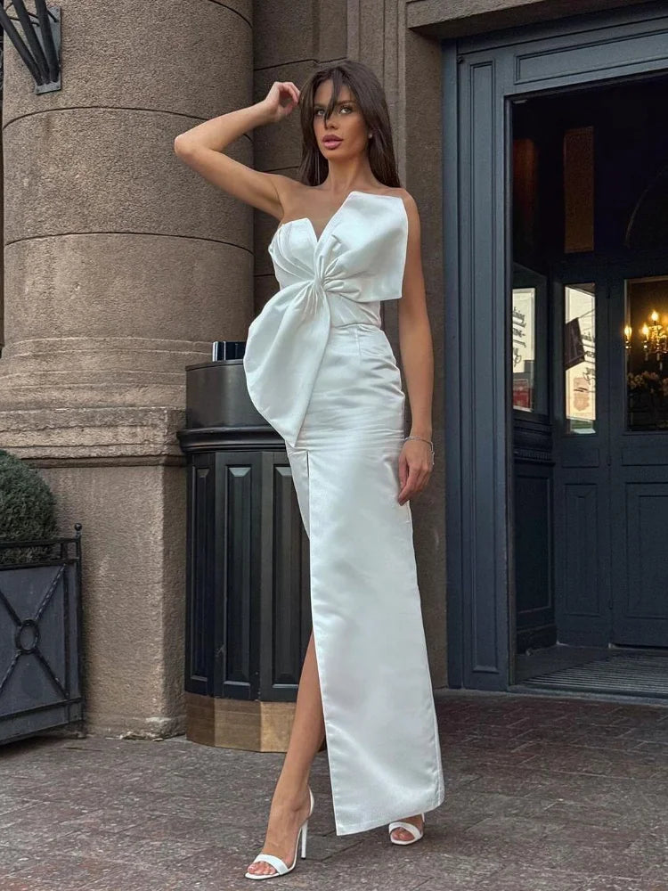 Elegant Large Bow Tie Sling High Slit Chic Off Party Dress