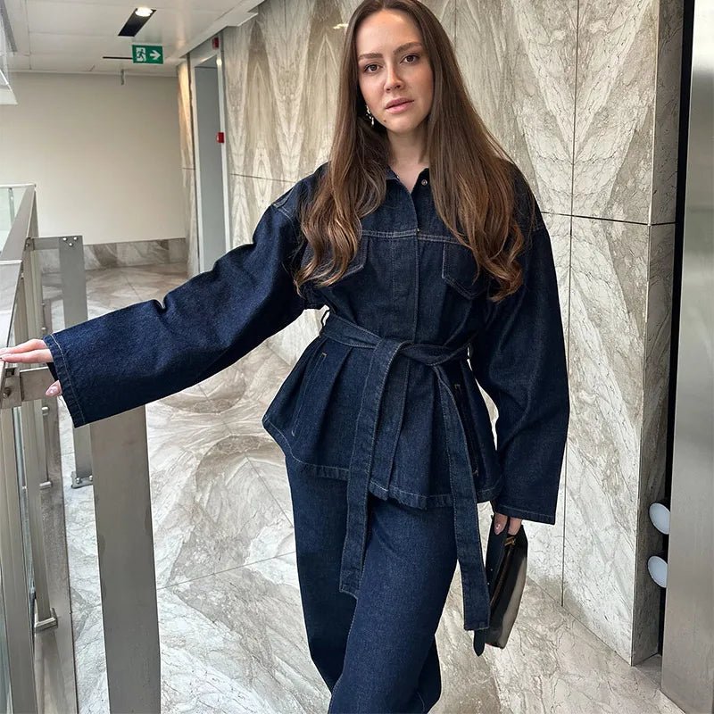 Denim Jacket Belted Trousers Office Two Piece Set