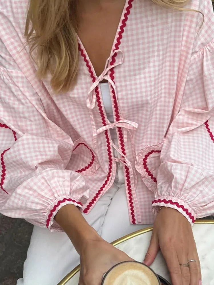 Marila® | Checked Blouse With Lace And Heart Pockets