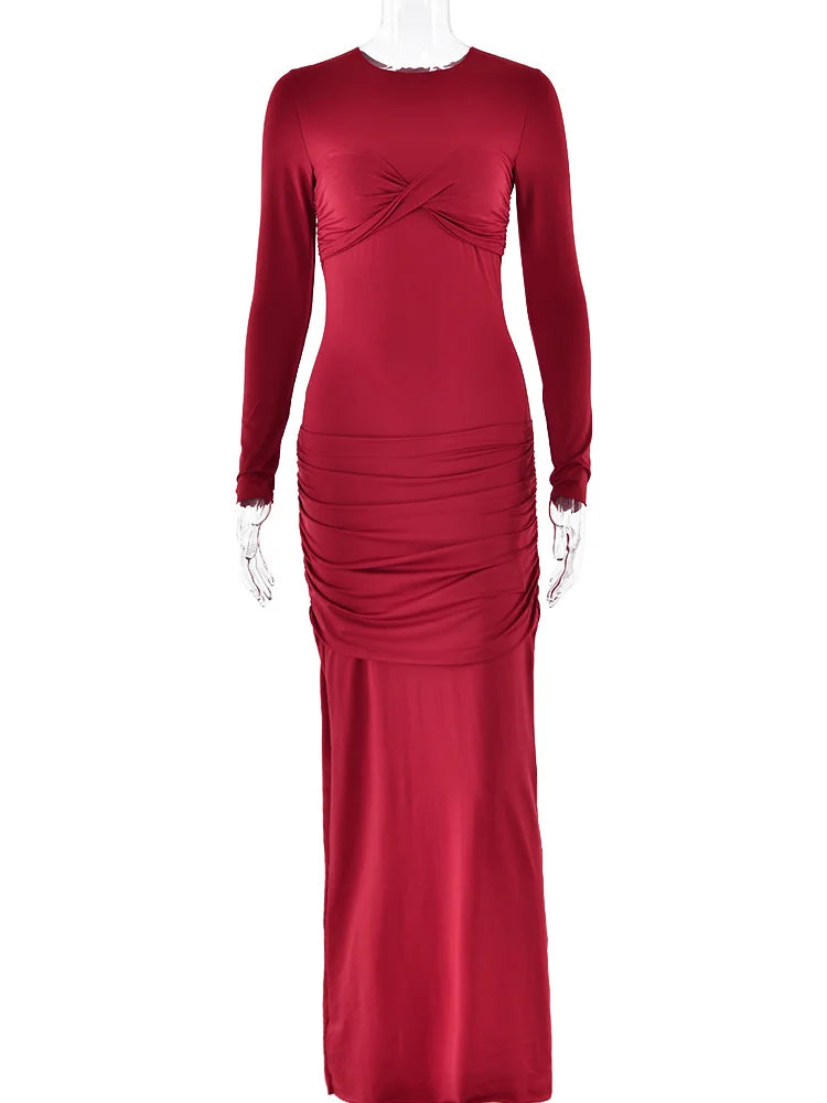 Fashion O-neck Long Sleeve High Waist Bodycon Red Party Dress