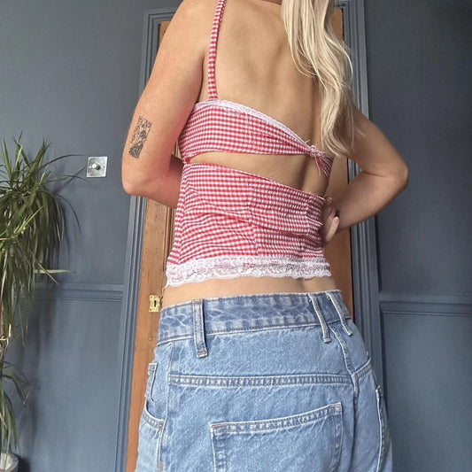 Plaid Tie-Up Lace Crop Top
