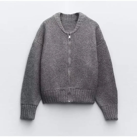 Karla | Gray O-neck knitted women's sweater, fashion jacket