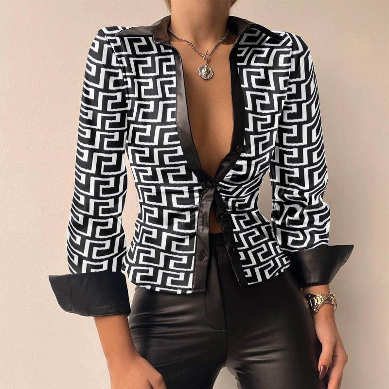 Felicidad® | V-Neck Pu Leather Printed Long Sleeve Patchwork Blouse