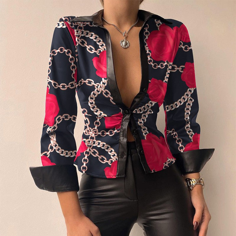 Felicidad® | V-Neck Pu Leather Printed Long Sleeve Patchwork Blouse