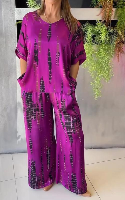 María Fernanda® | Elegant ladies satin suit set round neck
