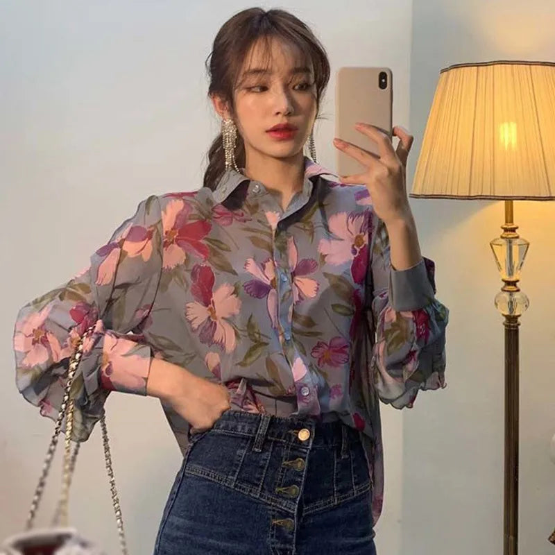 Laurena® | Blouse With Long Sleeves And Floral V-Neckline