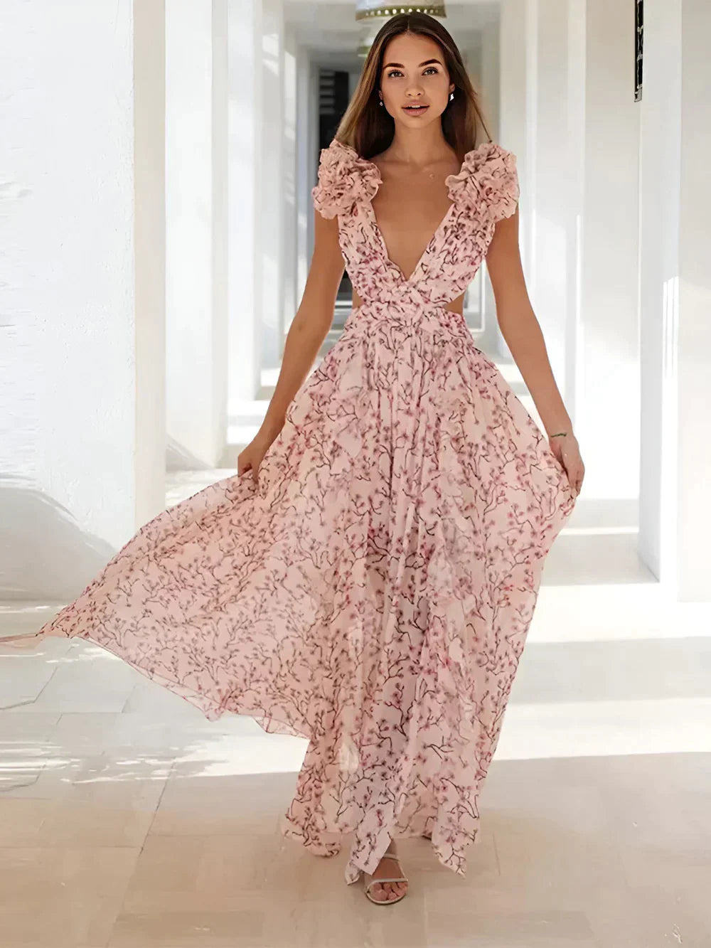 Giuliana® | Long Dress With Ruffled Shoulders