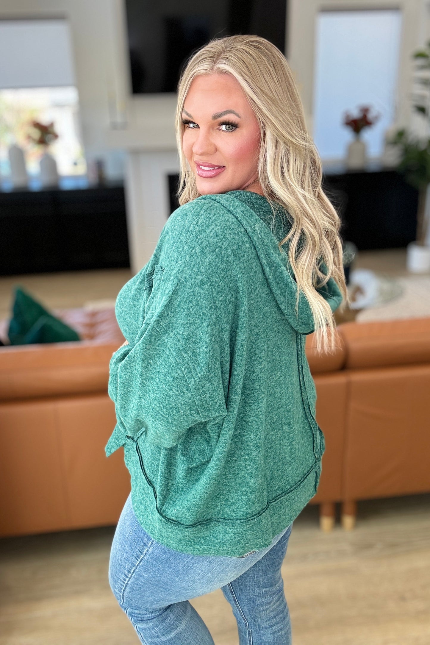Anya | Leave It To Chance hooded scoop neck sweater in dark green