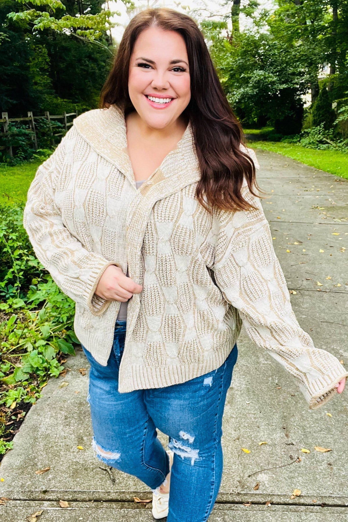 Odette | Autumn Vibes Taupe structured cable knit cardigan with collar