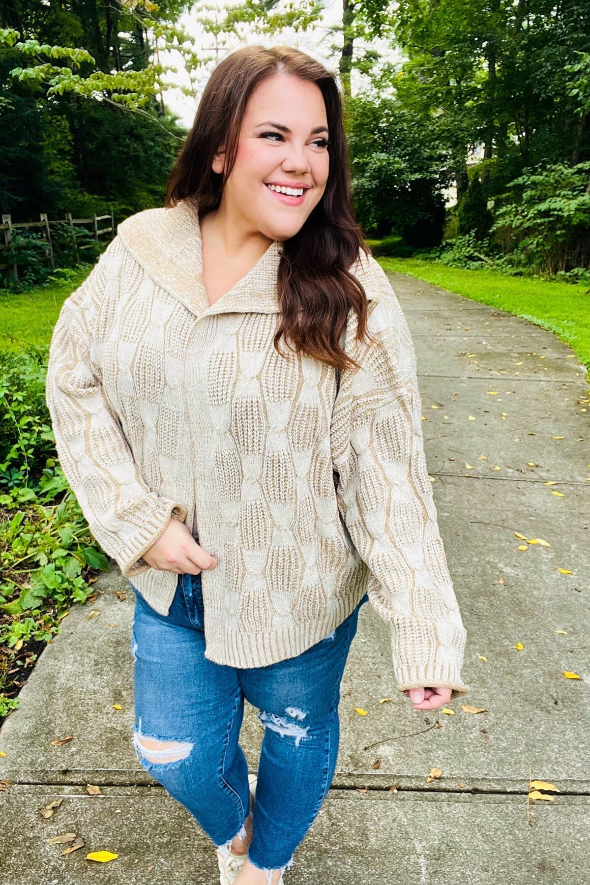 Odette | Autumn Vibes Taupe structured cable knit cardigan with collar