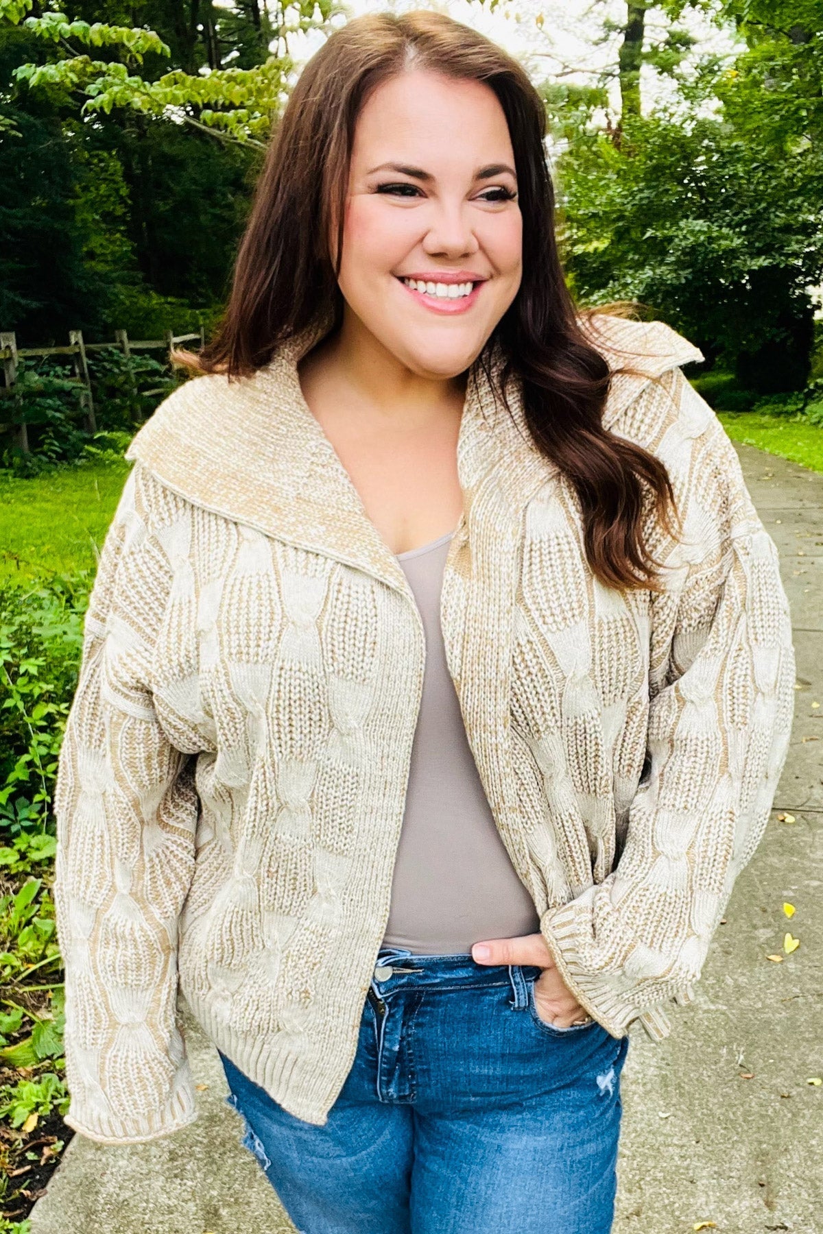 Odette | Autumn Vibes Taupe structured cable knit cardigan with collar