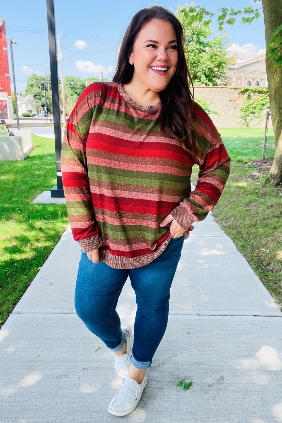 Marita | Perfectly You Olive and mauve striped two-tone tie-neck sweater top